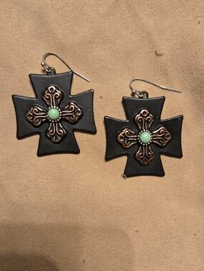 Black Cross Drop Earrings with Mint Accent and Copper Detailing